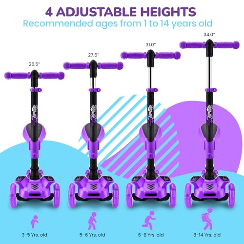 Image of Hurtle 3-Wheeled Scooter for Kids - Wheel LED Lights, Adjustable Lean-to-Steer Handlebar, and Foldable Seat - Sit or Stand Ride with Brake for Boys and Girls Ages 1-14 Years Old