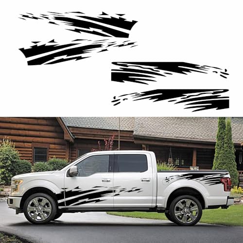 Image of (4PCS) Striped Truck Sticker Bed Mud Splash Kit Racing Striped Rear Lathe Decal Vinyl Trim Accessories Waterproof Door Body Side Decal Trim for Truck Pickup SUV Vehicles (Black)