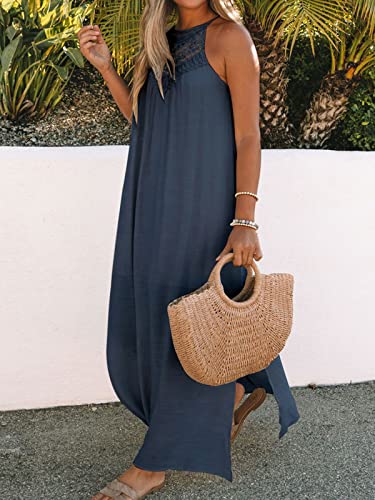 Image of FARORO Sleeveless Long Dress for Women Boho Halter Maxi Sundress Casual Loose Dresses Split Cover Up Gown with Pockets