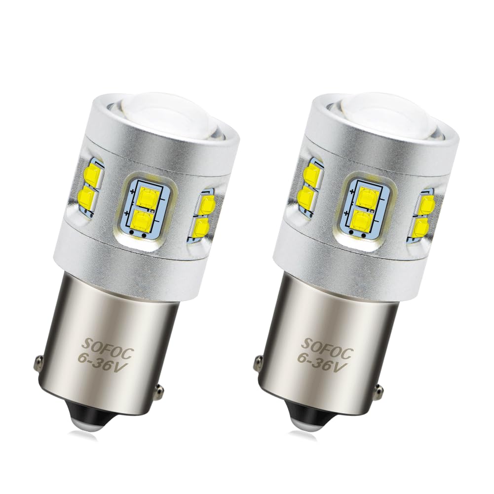 SOFOC 1156 BA15S Ampoule LED Blanc Froid Feu de Recul/DRL Avec Lentille Condenseur 6V 12V 24V Fit AC/DC 6-36V 1000LM 400% Plus Lumineux que Halogène P21W 15SMD 2Pcs