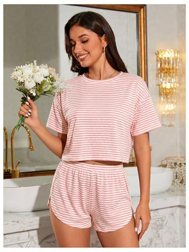 Image of OYOANGLE Womens Pajama Sets 2 Piece Sexy Lounge Sets Summer Cute Pjs Striped Print Tee and Side Split Shorts Set