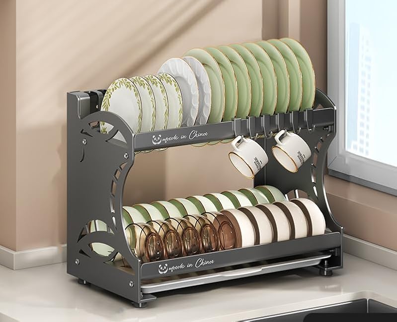 2-Tier Kitchen Dish Rack with Cutting Board & Knife Storage - Multi-Functional Countertop Drying Rack for Plates, Bowls, Utensils - Space-Saving Drainer Organizer for Sink Counter