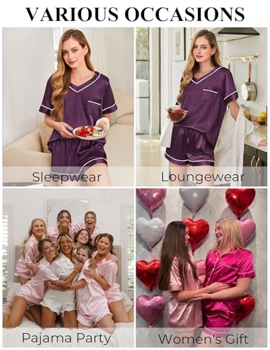 Image of Silk Pajamas for Women Short Sleeve Satin 2 Piece Pj Set Soft V Neck Sleepwear Loungewear, S-XXL