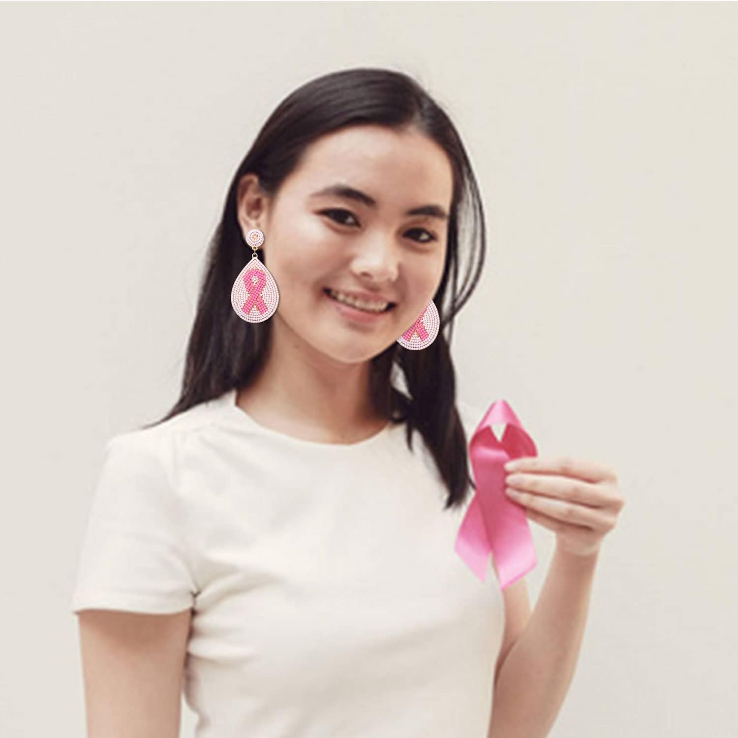 Breast Cancer Awareness Earrings Pink Ribbon Earrings for Women Beaded Ribbon Bow Drop Dangle Earrings Set Breast Cancer Survivor Support Jewelry Gifts - Image 4