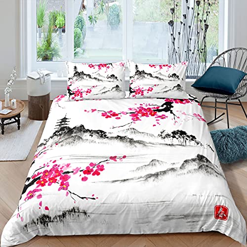 Japanese Style Cherry Blossoms Duvet Cover Set Watercolor Ink Painting Bedding Set Single For Girls Women Teens Adults Decor Pink Flowers Landscape Beds Set including Zipper
