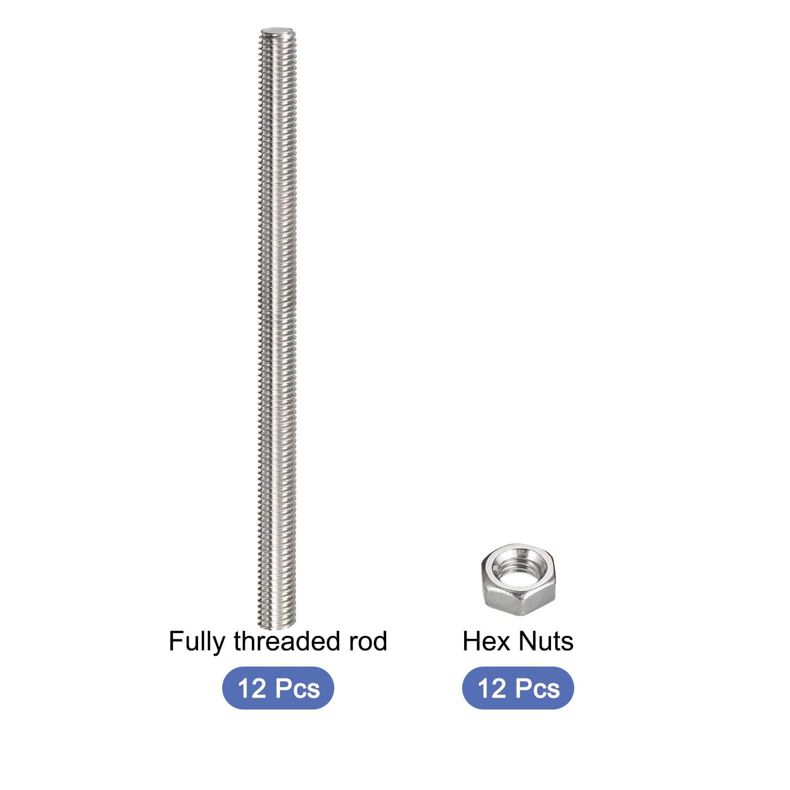 QUARKZMAN 12pz M8x200mm Barra Filettata Completamente con 12pz Esagonali Dadi , 1,25mm Passo Barra Filettata in Acciaio Inox 304 Destra Mano Filettata Asta Perni Bar Borchie