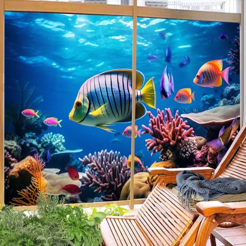 Vinilo decorativo para ventana con diseño coral de peces marinos miniatura 6