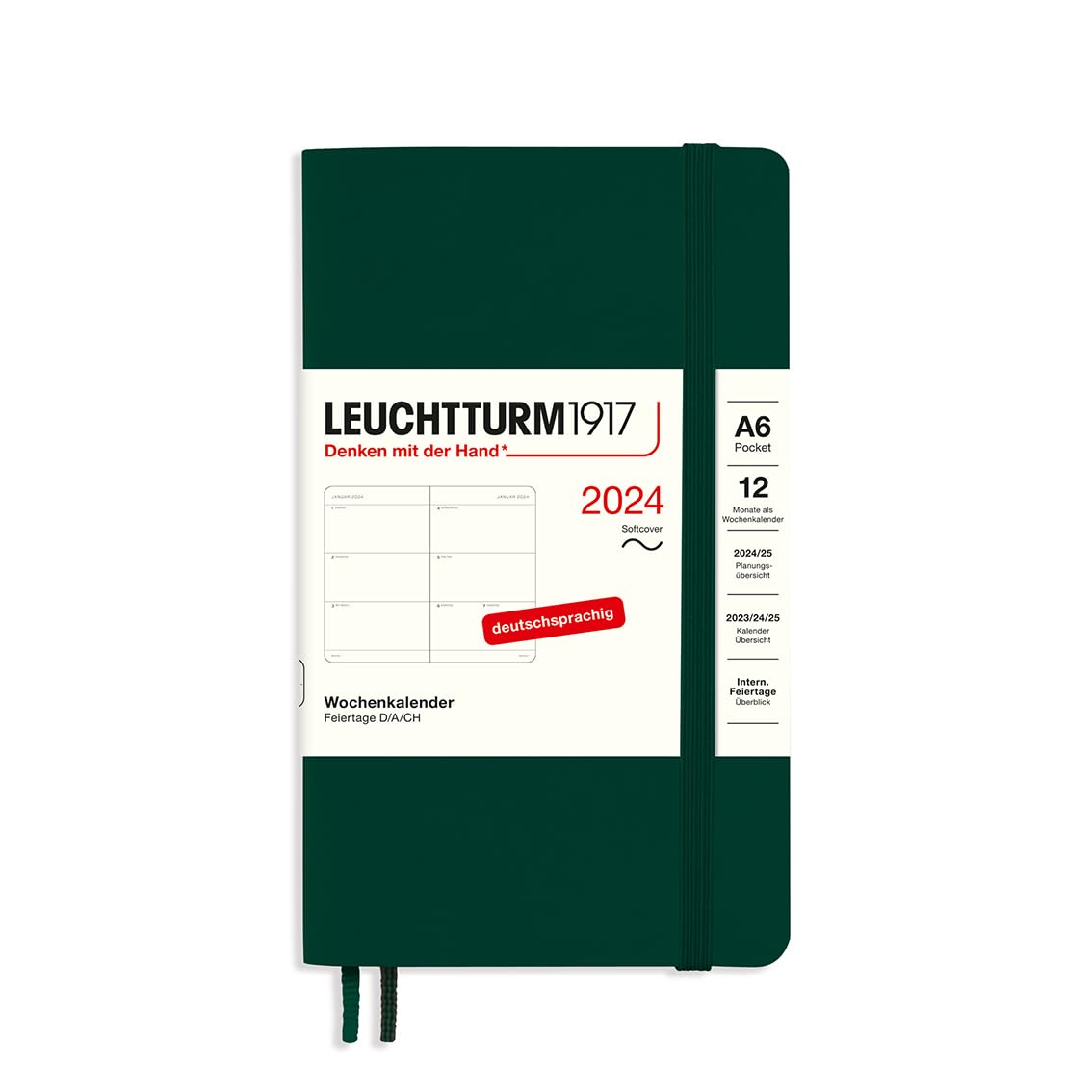 LEUCHTTURM1917 367667 Weekly Planner Pocket (A6) 2024, Soft Cover, Forest Green, German, 12 Months