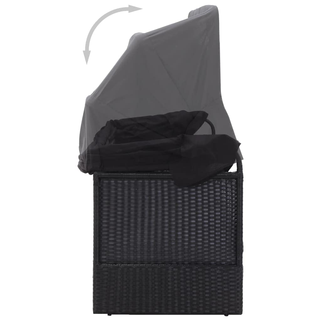 Divano letto per esterni con tetto, in polyrattan, nero, resistente alle intemperie, 205 x 62 x 124 cm, con cuscino spesso, ideale per giardino, terrazza, piscina e balcone