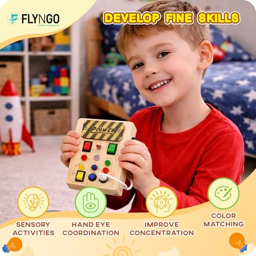 Image of FLYNGO Busy Board for Toddlers, Montessori Toy with LED Light, Wooden Sensory Activity Board for Toddlers & Kids 1-5 Years, Hand-Eye Coordination & Brain Development for Boys & Girls (6L Busy Board)