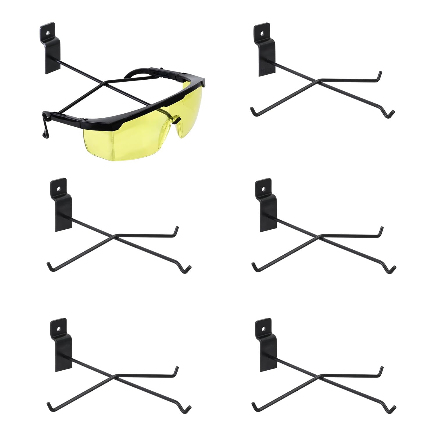 MOOCA Juego de 6 soportes de metal para gafas de sol para pared de listones, exhibición montada en la pared, muestra 180 grados de cualquier tamaño de gafas, color negro