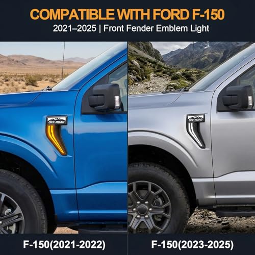 Image of LED Fender Vent Lights for Ford F-150 2021-2025, Sequential Turn Signal & White DRL with Startup Animation, Smoked OFFROAD Mountain Style Side Vent Light, F150 Exterior Accessories (Pair)
