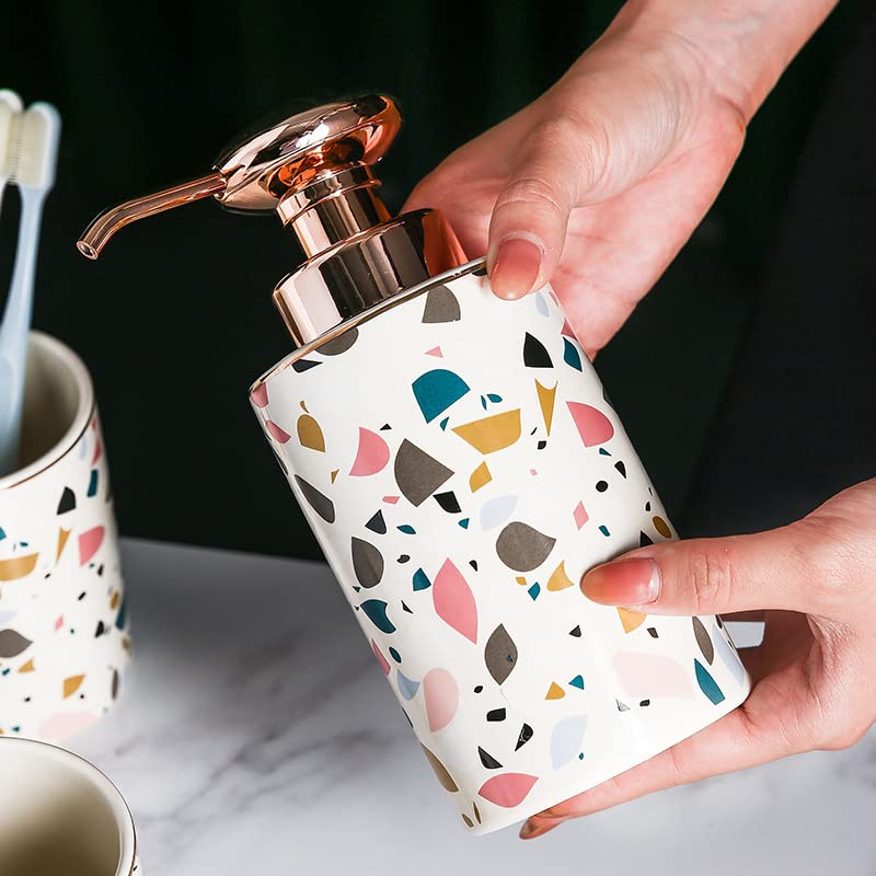 Juego De Dispensador De Jabón De Baño Y Portacepillos De Dientes, con Patrón Decorativo, Incluye Dispensador De Jabón De Manos., Vaso, Jabonera, Porta Cepillo De Dientes -Beige