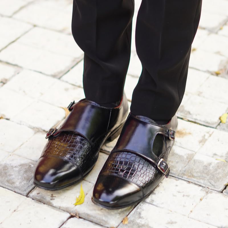 Image of MATR Strap Me Down Men's Blck Croc-Embossed Double Monk Strap Leather Shoes