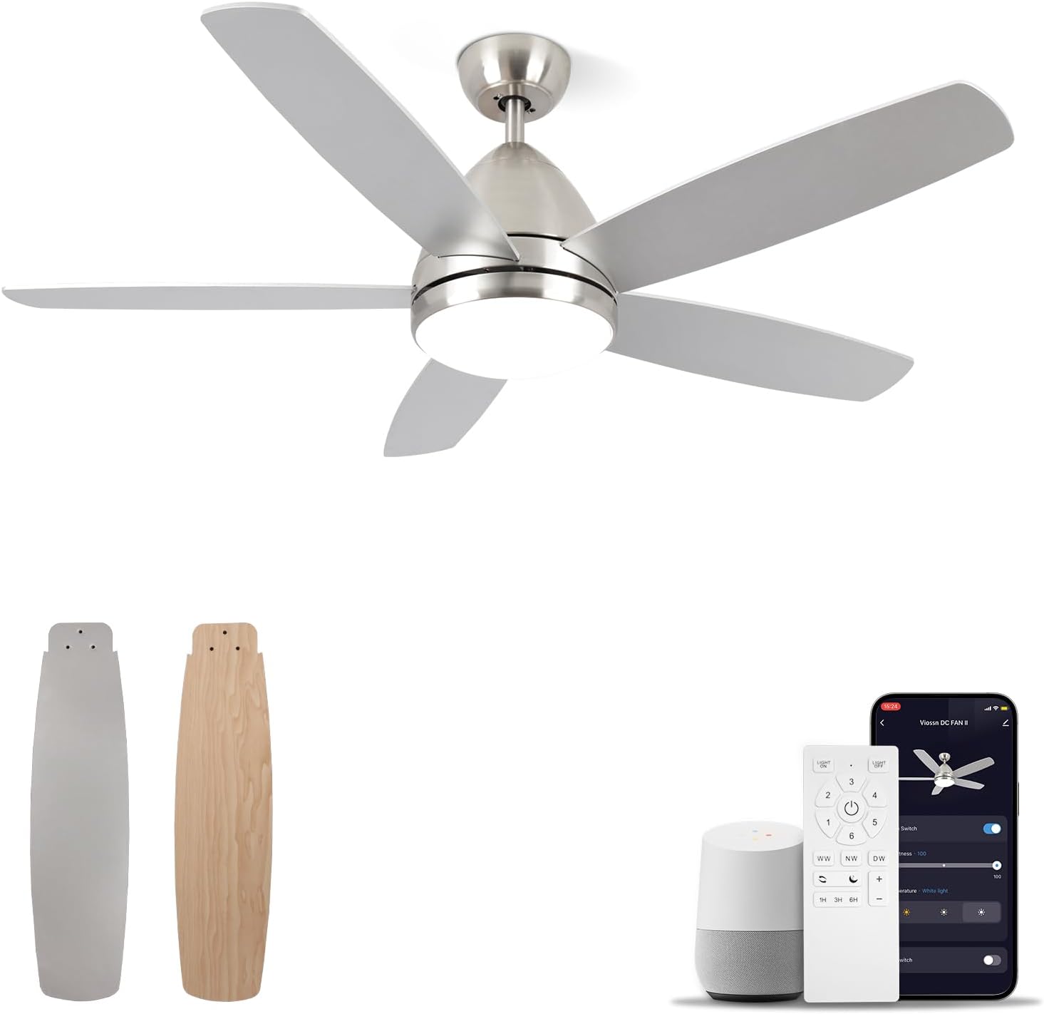 Smart Ceiling Fan with Light, 52-Inch Outdoor Ceiling Fan with Alexa, Dimmable Tri-Color LED and Reversible Motor for Indoor Bedroom/Outdoor Covered Patio, Modern Nickel Ceiling Fan with Light