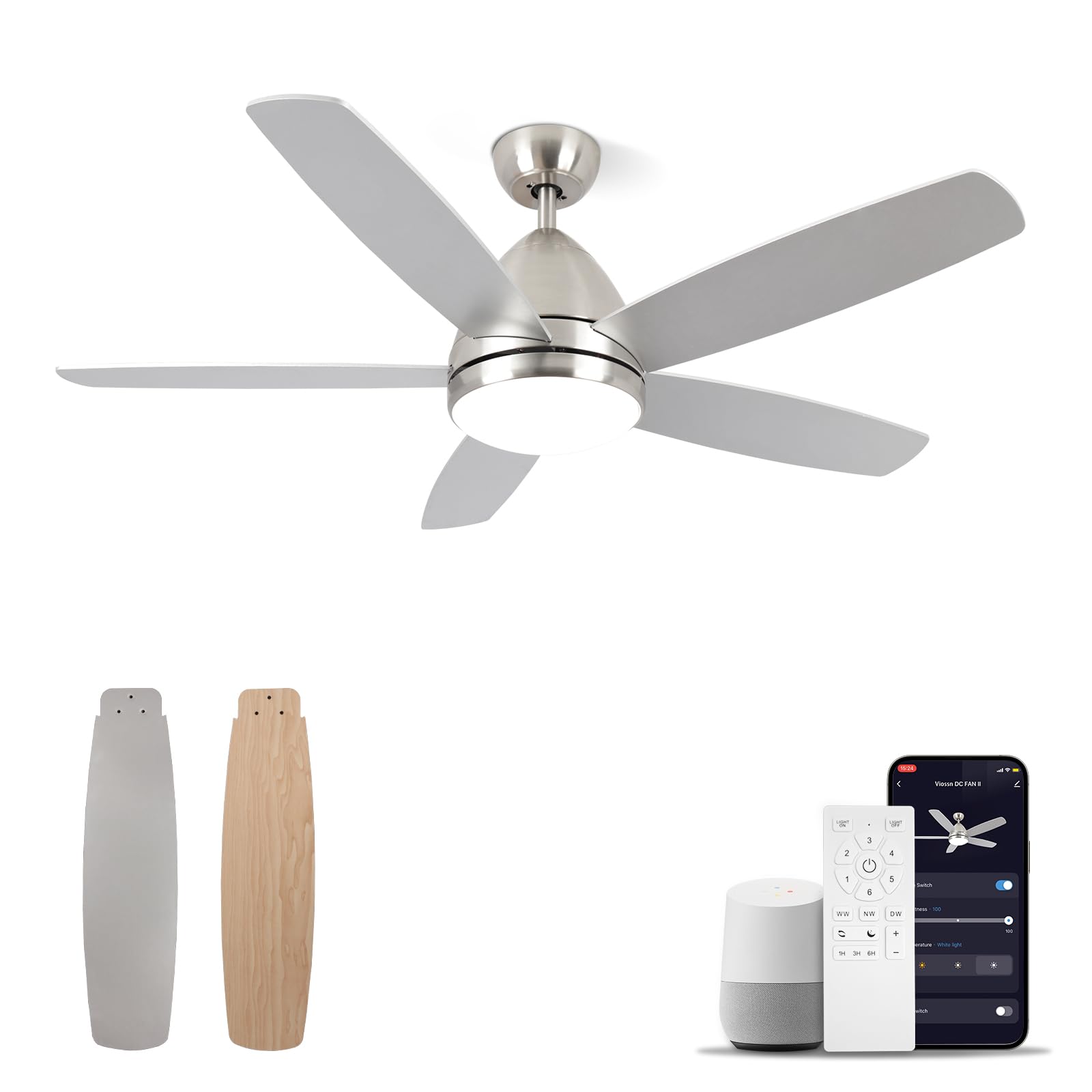 Photo 1 of Viossn Smart Ceiling Fan with Light, Modern Nickel 52-Inch Outdoor Ceiling Fan and Remote/App, Dimmable Tri-Color LED and Reversible Motor for Indoor Bedroom/Outdoor Covered Patio