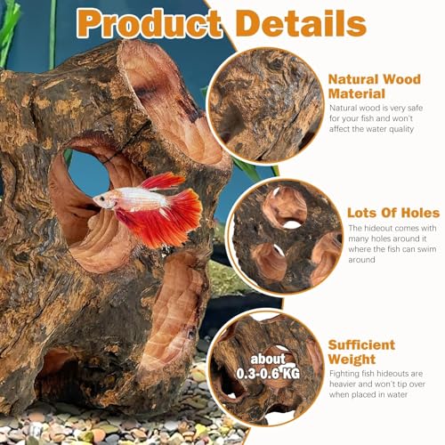 Image of PINVNBY Betta Fish Cave Natural Wood Betta Fish Hideout for Aquarium Fish Tank Decorations Hideout Betta Fish Accessories Habitat Shelter for Crayfish Shrimp and Other Aquatic Pets