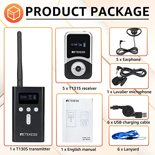 Retekess T130S Upgrade Wireless Tour Guide System, New Version Of T130, Translation Equipment, One Key Mute, Universal For Left And Right Ears, Interpreting Equipment (1 Transmitter 5 Receivers) #TOP7