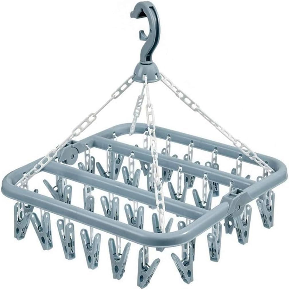 Juneyehx Blue Clothes Drying Hanger With 32 Clips And Drip Foldable Hanging Sock Rack (Blue)