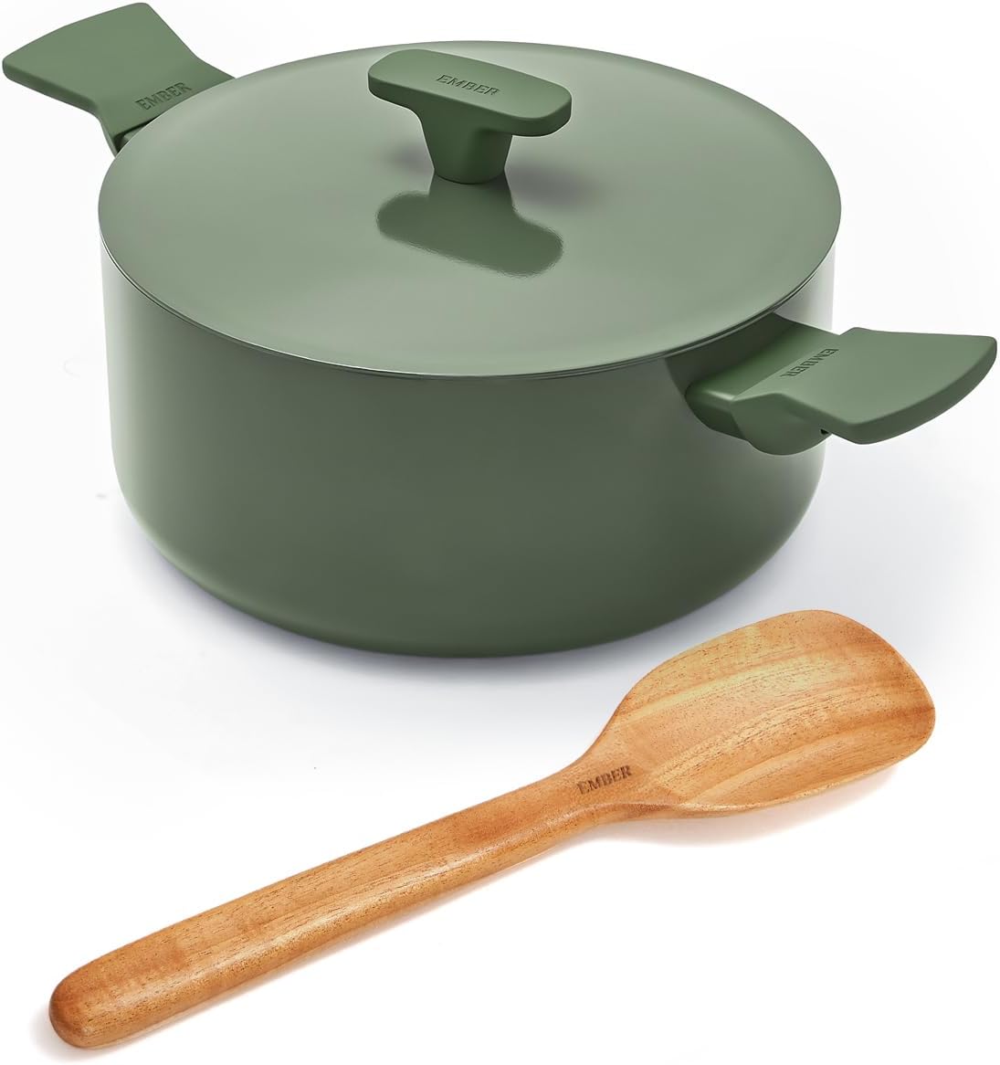 Ember Cookware Arcilla Ceramic Non Stick Dutch Oven 24cm | Metallic lid | Matching Handles | 1x Spatula | Non Toxic Biryani Pot | Induction Safe| PFAS & PTFE Free | Florence Series | Green