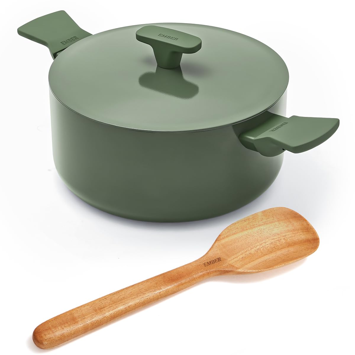 Ember Cookware Arcilla Ceramic Dutch Oven 24cm | 5 Litre Non Stick Non Toxic Pot with Lid | ISI Certified | Ceramic Cookware | Biryani Pot | 1x Spatula | PFAS & PTFE Free | Induction Safe | Green