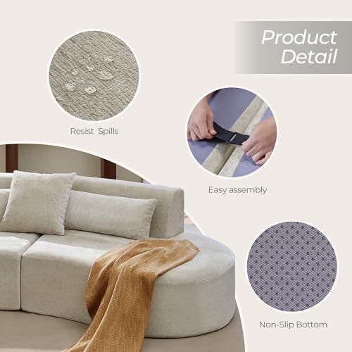 Image of CHITA Curved Sectional Sofa with Lumbar Pillows, Modular Cloud Boneless Couch with 2 Throw Pillows, Modern Comfy Chenille Loveseat for Living Room, Bedroom, Office, No Assembly Required, Pearl Gray
