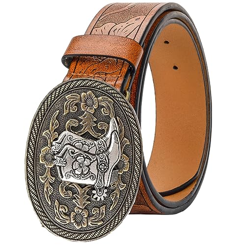 Image of UTOWO Western PU-Leather Cowboy Buckle Belt for Men and Women Jeans Engraved Floral Longhorn Bull Buckle Belt (25-38 inch waist)