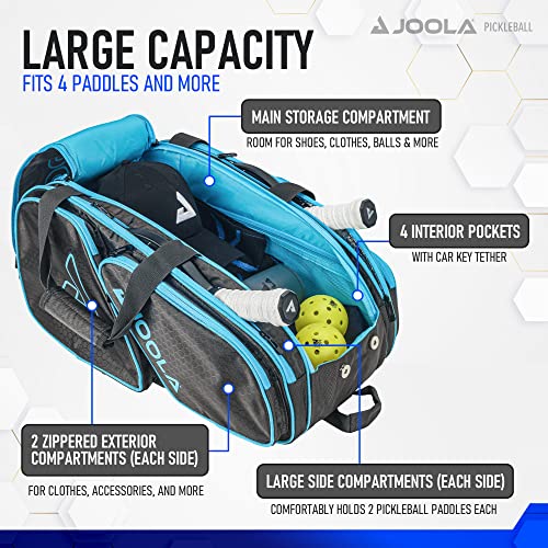 Joola Tour Elite Pickleball Bag – Backpack & Duffle Bag For Paddles & Pickleball Accessories – Thermal Insulated Pockets Hold 4+ Paddles - With Fence Hook(Black/Light Blue) #TOP1