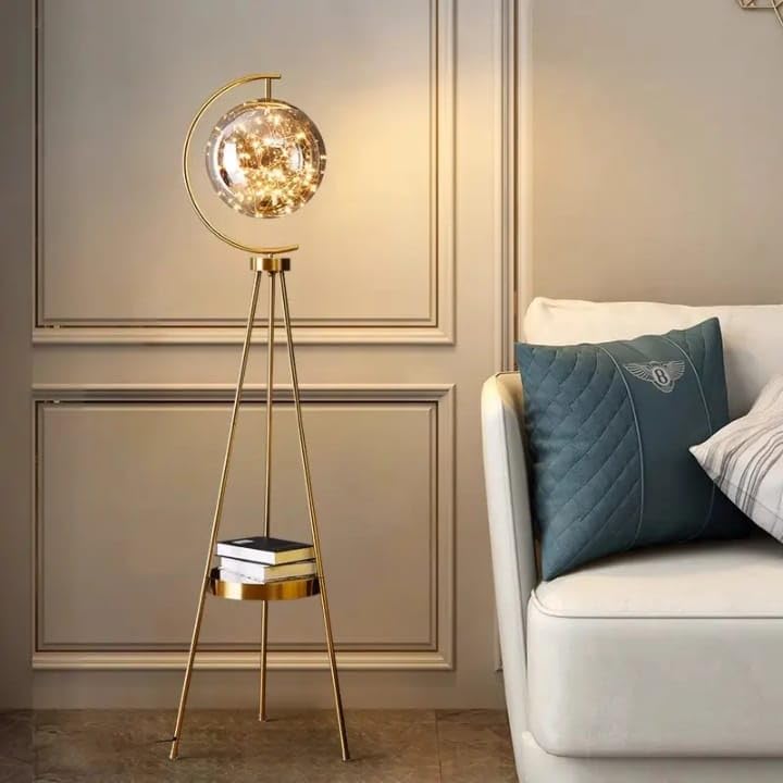 Image of blissbells Modern Crystal Globe Floor Lamp with LED String Lights & Shelf | Gold Tripod Standing Lamp for Living Room, Bedroom & Home Decor | Decorative Ambient Corner Lighting Lamp