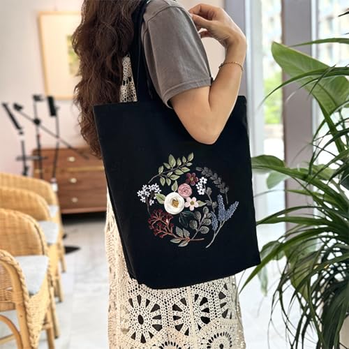 Sticken Set mit Leinentasche Stickset Canvas Tote Bag Anfänger Erwachsene Stickerei Blumenmuster Mit Werkzeug und Anleitung Kreuzstich Kit Stickpackung für Anfänger Erwachsene und Stickereiliebhaber