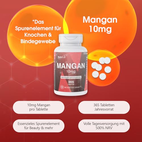 Nutrifair Mangan 10mg, 365 Tabletten, 10mg pro Tablette, schluckfreundlich, *Spurenelement für Bindegewebe & Knochen, Hochdosiert, 100% Vegan, Deutsche Produktion & Laborprüfung