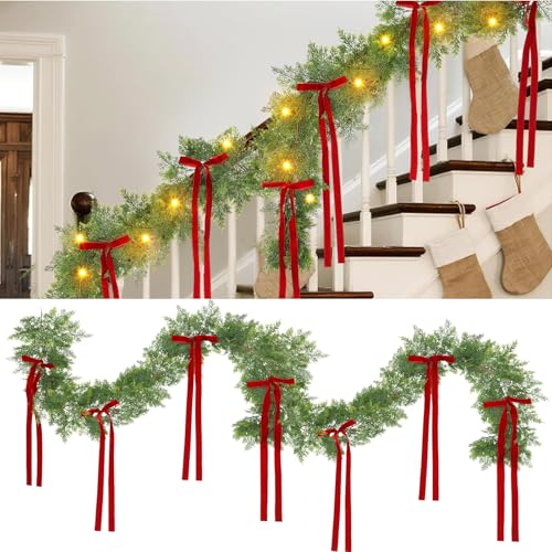 Suncalla 6 ft Christmas Cedar Garland with Red Bow, Artificial Lighted Pine Garlands with White Lights, Battery Operated Real Touch Artificial Faux Greenery for Stairs Holiday Indoor Outdoor Decor