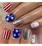 July 4th Press on Nails Short Square Fake Nails Star Stripe Round Dot designs Full Cover Red Blue...