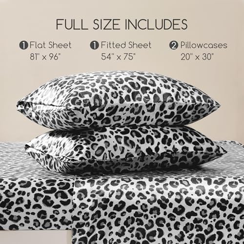 Image of MR&HM Satin Sheets with Elastic Corner Straps, Full Size Sheets Set, 4 Pcs Silky Bedding Set with 15 Inches Deep Pocket for Mattress (Full, White Leopard)