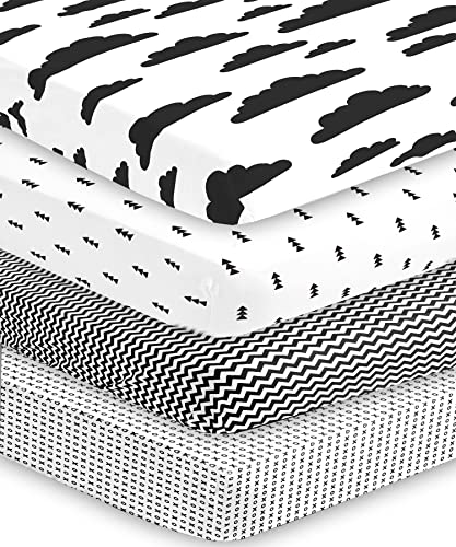 Image of BaeBae Goods Crib Sheets for Baby Boys and Girls, 4 Pack, Soft and Breathable Jersey Knit Fitted Sheet Set, Black and White, Cute Gender Neutral Nursery Mattress Bedding, Universal Fit