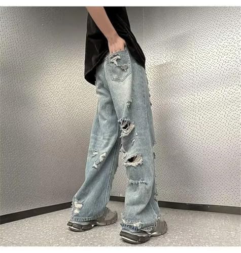 Men's Denim Pants Vintage Distressed Straight Leg Style Loose Fit High Waisted Thin Jeans4