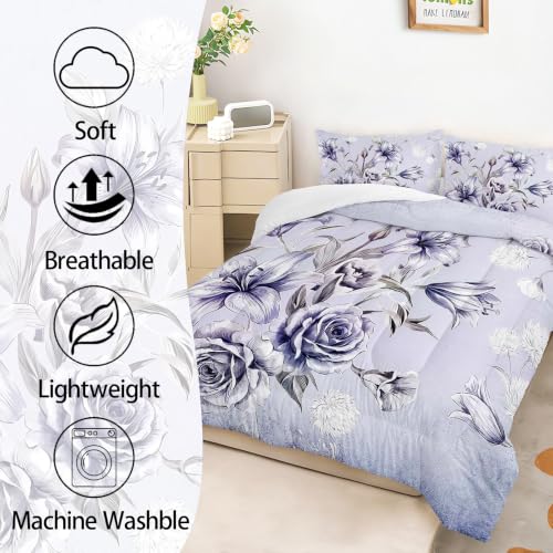 Image of AILONEN Silver Bloom Comforter Set Full Size, Blue Garden Bedding Ensemble, Vintage Rose Bedspread Quilt with 2 Pillowcases for Guest Room