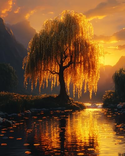 KY-lunk Paint by Number, Plant Willow Tree by Stream, Adult Crafts Adults' Paint-by-Number Kits, Room Decor Gift for Birthday Festival (16x20 inch,No Frame)