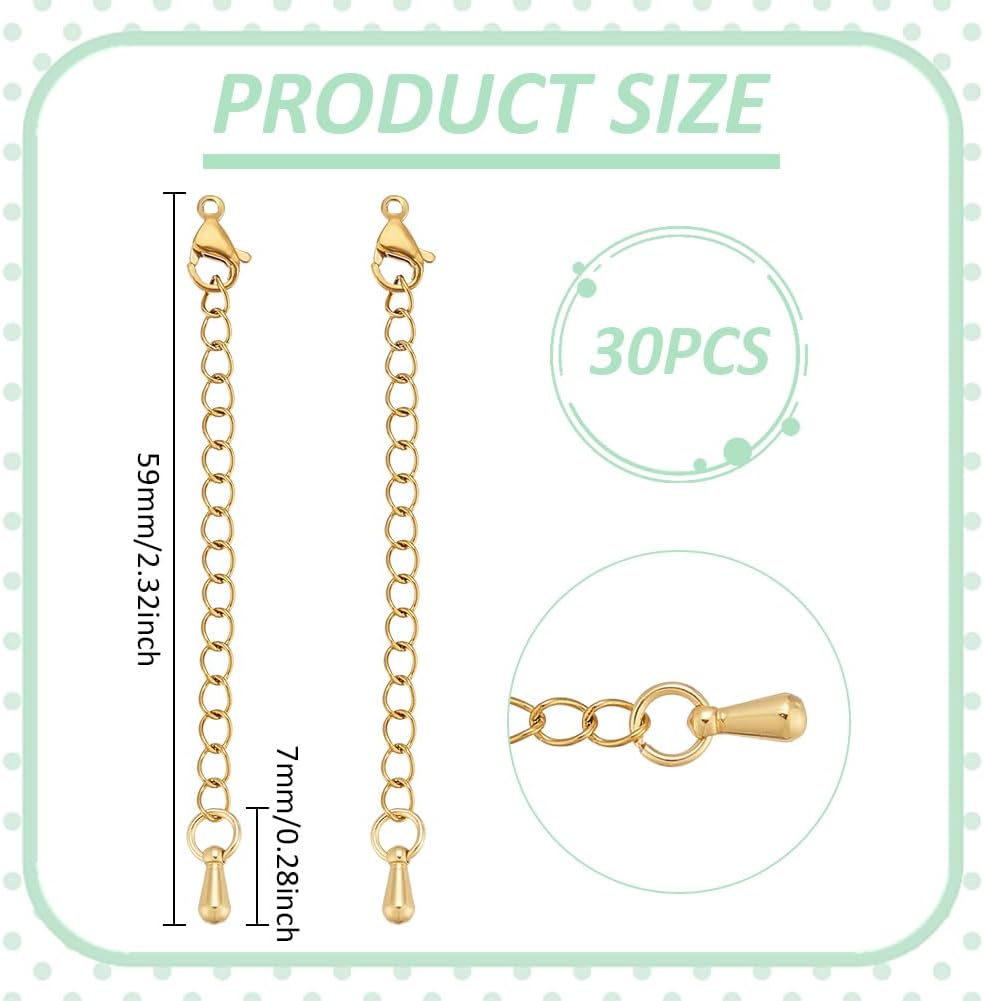 UNICRAFTALE 30Pcs Real 18K Gold Plated Chain Stainless Steel Chain Extender 59mm Chain Extension Necklace Bracelet Extender Chain Pendant Anklet Chain Extenders Tails Chain for DIY Jewelry Making - Image 3