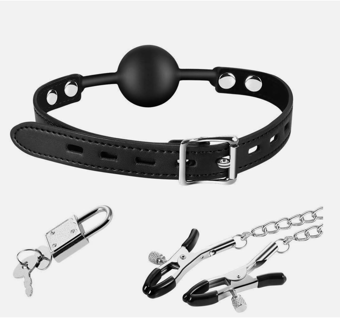 Adjustable Silicone Ball Gag with Nipple Clamps and Lock