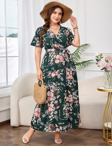 Image of ShopWonder Womens Plus Size V Neck Wrap Maxi Dress High Waist Ruffle Summer Casual Dress with Belt