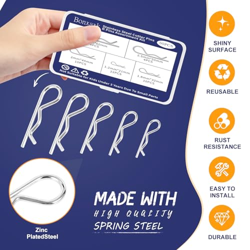 image for BONXAXK 50 Pcs Cotter Pins, Cotter Pin Assortment Kit, Heavy Duty R Cl