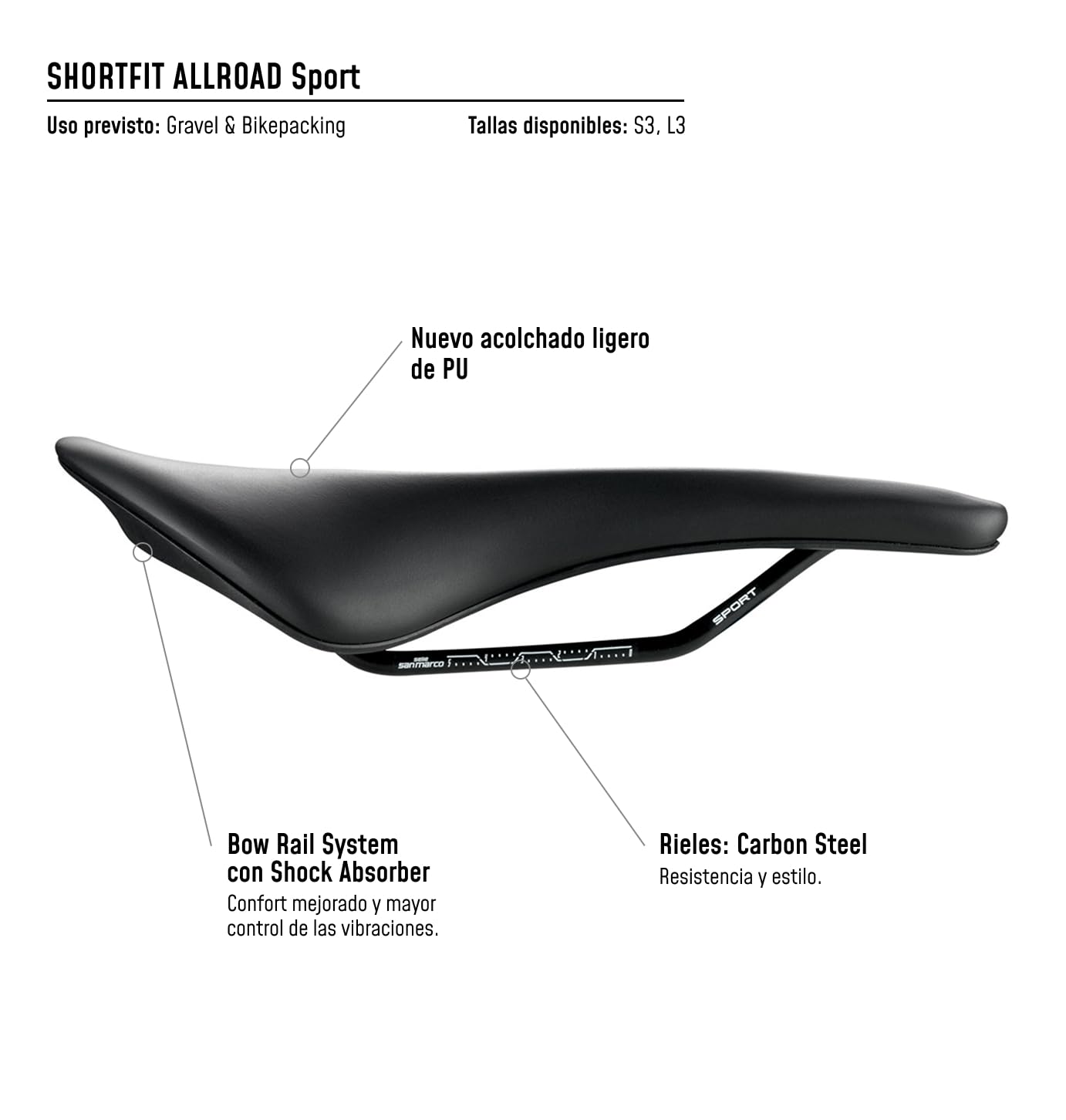 Selle San Marco Shortfit Allroad Sport – Sillín de Bicicleta Gravel y All-Road, Comodidad ergonómica, rieles de Acero
