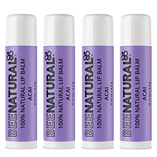 Bee Natural - 100% Natural Lip Balm - Eco-friendly Lip Moisturizer for Very Dry Lips - Natural Flavor and Fragrance - Beeswax, Hydrating Butters and Essential Oils for Chapped Lips - 4 Pack Acai
