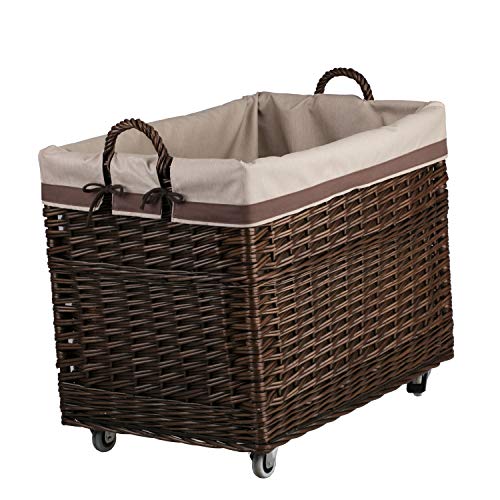 Cesta de mimbre para chimenea rectangular con ruedas y forro 5