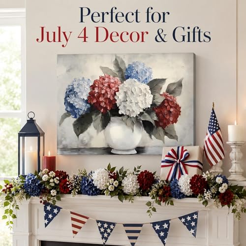 Image of RIBNTAK Patriotic Hydrangea Wall Art USA Red White Blue Flower Vase Print Pictures Wall Decor Canvas Painting Artwork Decorations for Bedroom Bathroom Kitchen Living Room,Made in USA