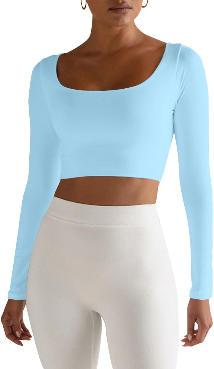 Women's Basic Long Sleeve Square Neck Crop Top Double Lined Slim Fit T-Shirt - Image 2