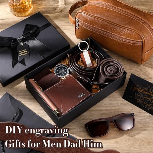 Geyoga 12 Pcs Men Birthdays Gift Set with Box for Men Dad Basket PU Leather Wallet Leather Toiletry Bag Tie Socks Belt Keychain Sunglasses Pen Compass Set for Father's Day3