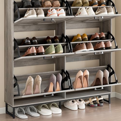 Image of BORNOON Shoe Cabinet with 6 Flip Drawers Narrow Shoe Storage Cabinet Organizer Wooden Freestanding Shoe Rack Hidden Slim Shoes Storage Cabinet for Entryway, Hallway, Living Room, Bedroom
