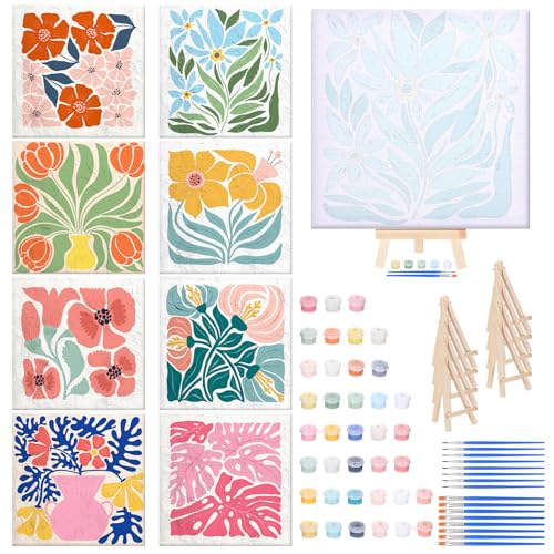 RoundFunny 8 Set Paint by Numbers Kit for Adults with 8x8 Inch Mini Simple Painting Canvas Wooden Frame Easel Acrylic Paints Brushes Funny Numbers Drawing Kit for Gift Home Wall Decor(Simple Blossom)